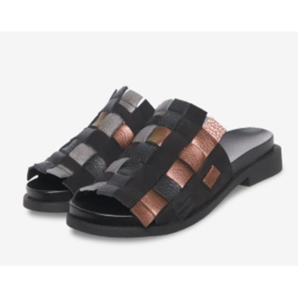 Arche Makkho Woven Leather Slide Sandals Black Bronze Silver Metallic Flat EU 37 - Picture 2 of 14